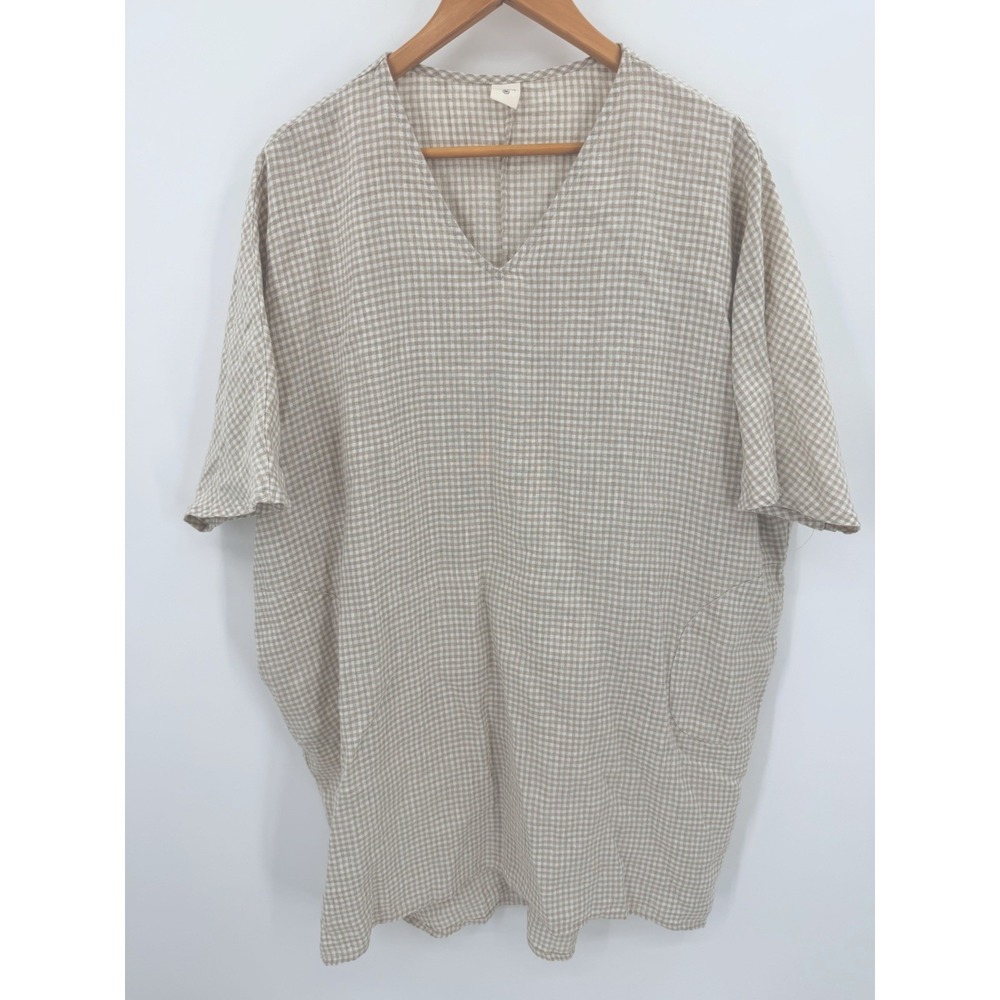 Lintico Khaki Gingham Check 100% Linen Sz M Dress V Neck Lagenlook Beach Coastal